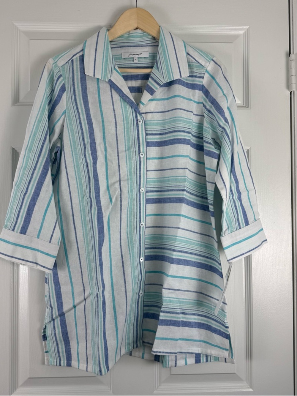 NEW Foxcroft LINEN Blend Striped Button-Up Shirt Large